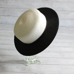 Ernie Vintage Women's Boater Hat Black White Straw Classic Brim Derby
